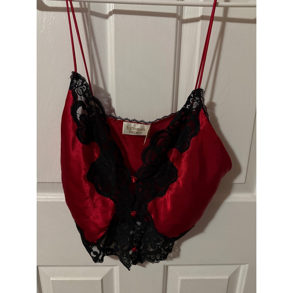 Vintage Victorias Secret Gold Label Red‎ Satin Black Lace Camisole Top Large